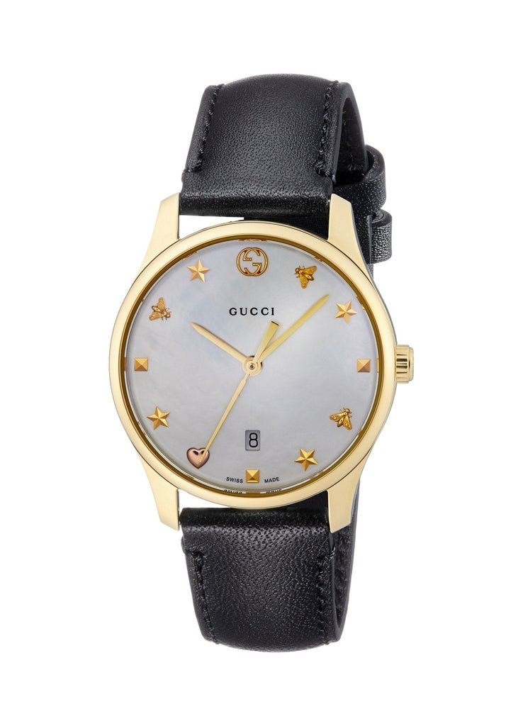 Gucci G-Timeless Mother of Pearl Dial Black Leather Strap Watch For Women - YA126589