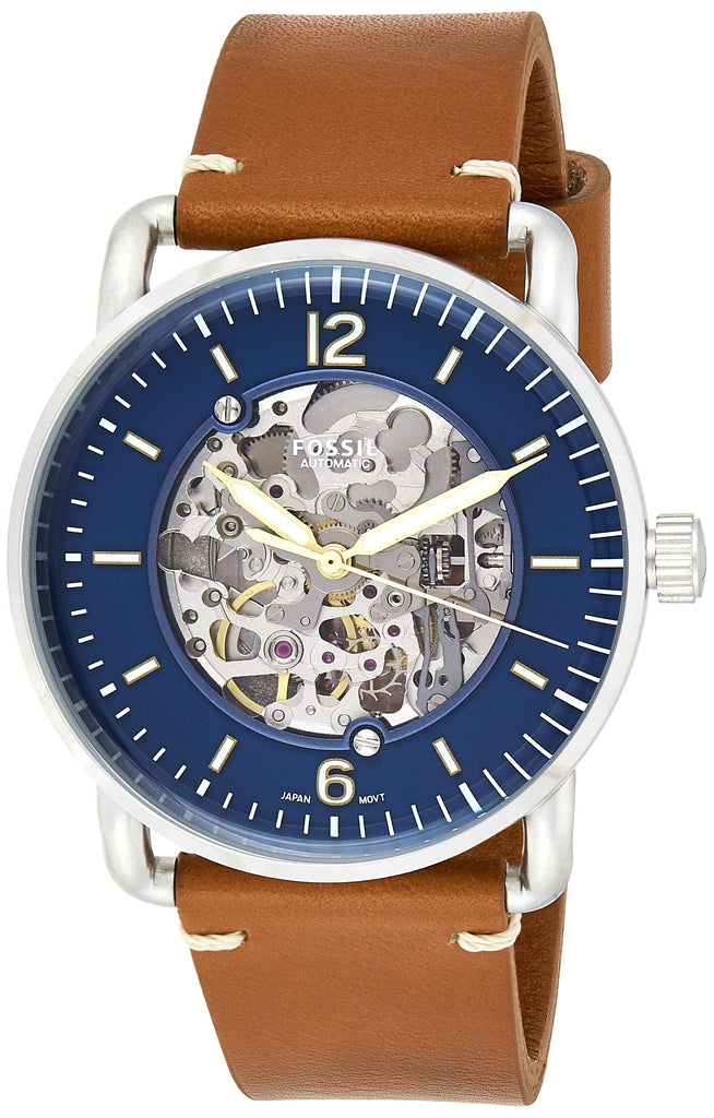 Fossil Commuter Automatic Skeleton Blue Dial Brown Leather Strap Watch for Men - ME3159
