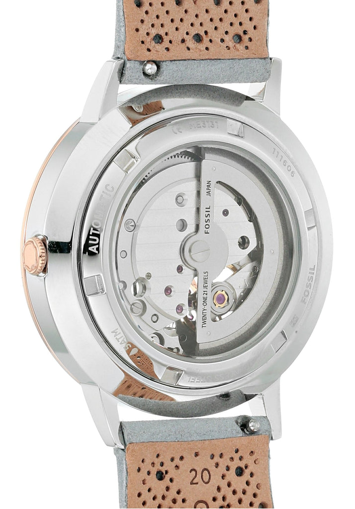 Fossil Vintage Muse Automatic Skeleton White Dial Grey Leather Strap Watch for Women - ME3131