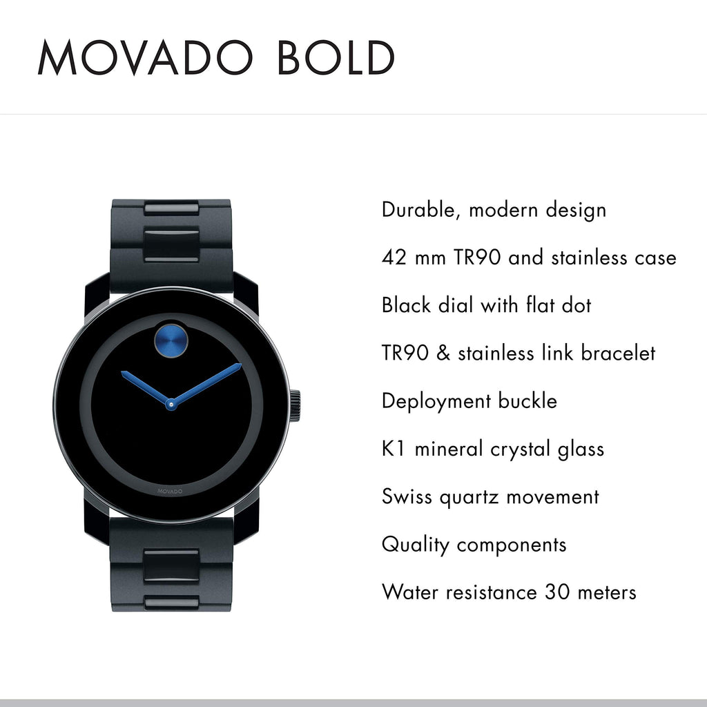 Movado Bold TR90 Black Dial Black Steel Strap Watch for Men - 3600099