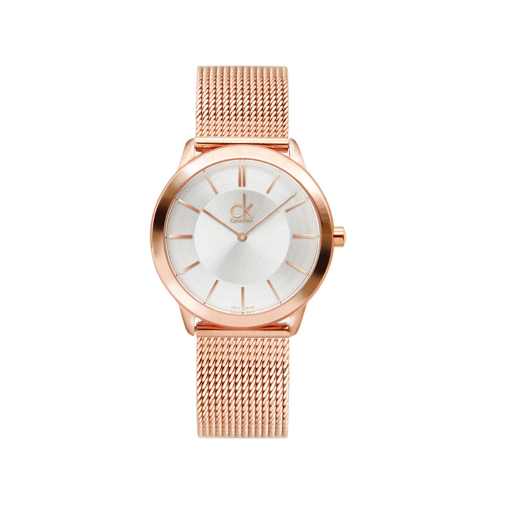 Calvin Klein Minimal White Dial Rose Gold Mesh Bracelet Watch for Women - K3M22626