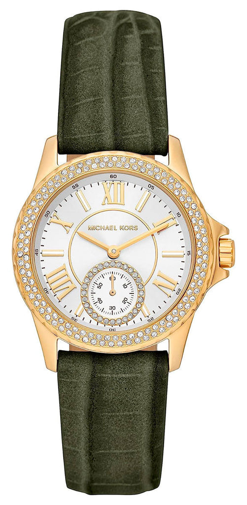 Michael Kors Mini Everest Crystals White Dial Green Leather Strap Watch for Women - MK4720