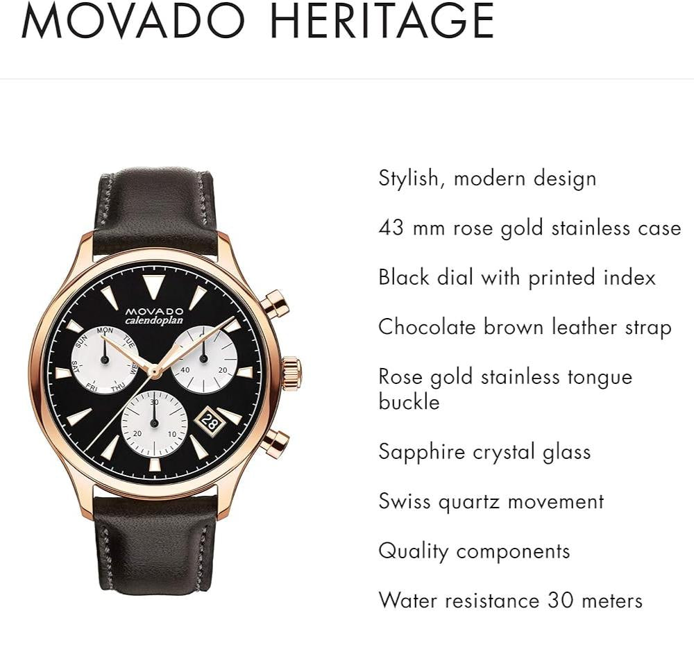 Movado Heritage Calendoplan Chronograph Black Dial Brown Leather Strap Watch for Men - 3650021