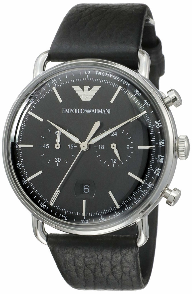 Emporio Armani Aviator Chronograph Black Dial Black Leather Strap Watch For Men - AR11143