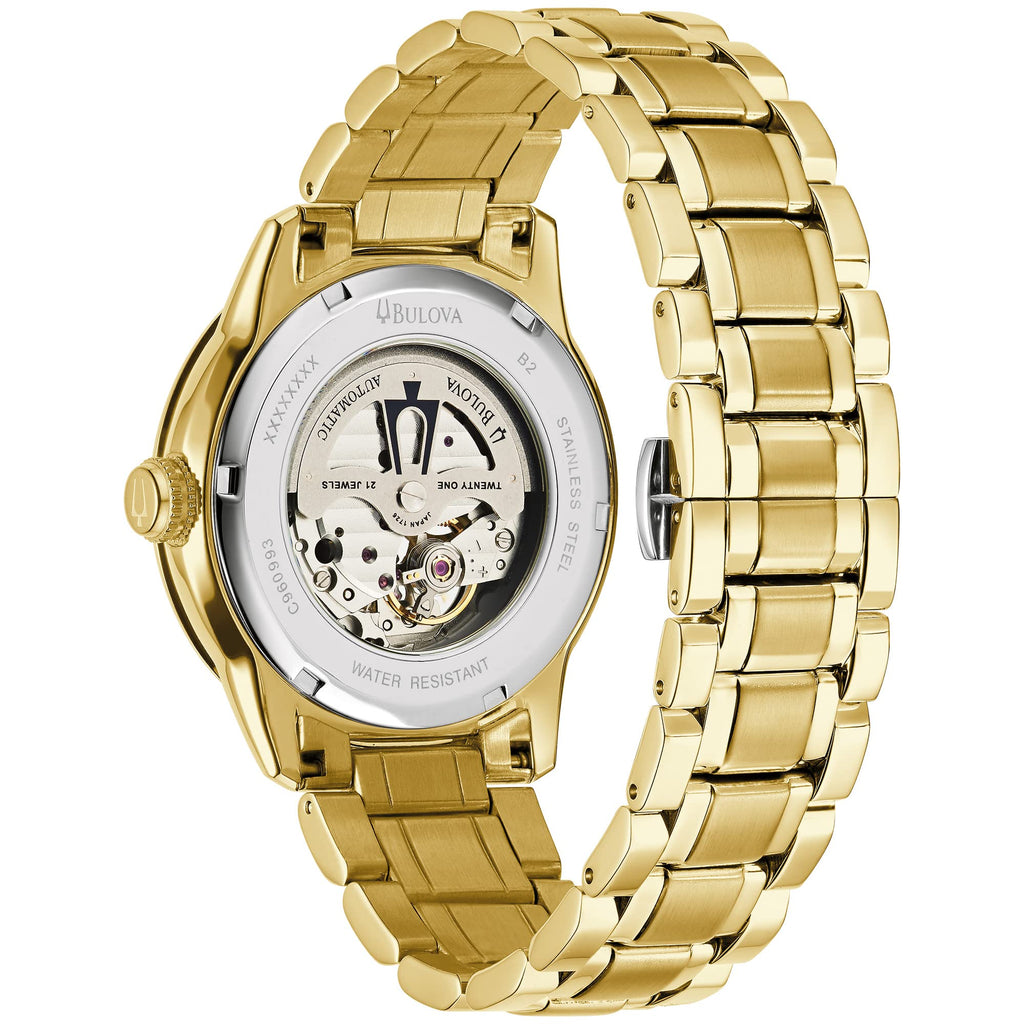 Bulova BVA Skeleton Silver Dial Gold Steel Strap Watch for Men - 97A108