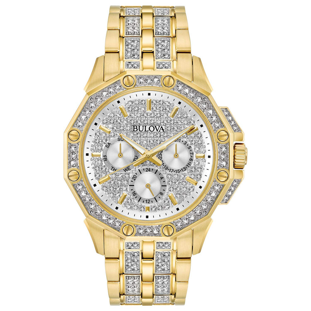 Bulova Crystal Collection Octova White Dial Gold Steel Strap Watch for Men - 98C126