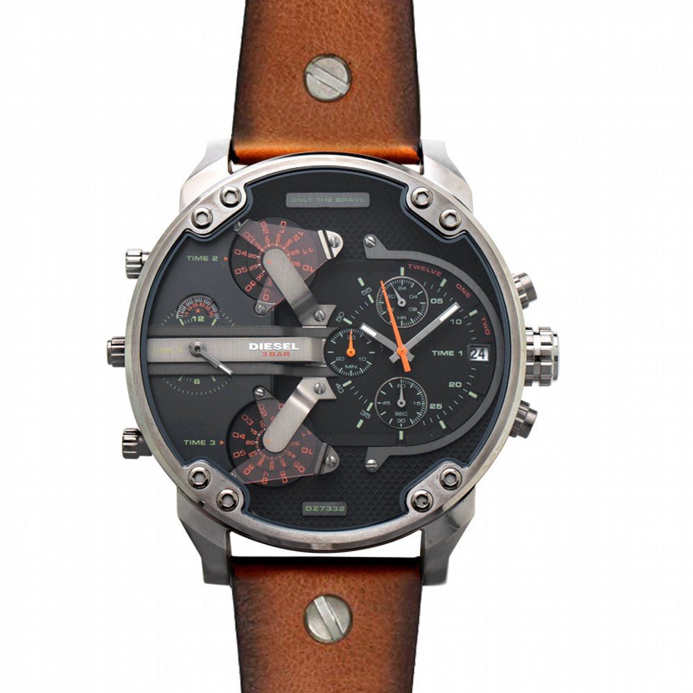 Diesel Mr Daddy 2.0 Chronograph Black Dial Brown Leather Strap Watch For Men - DZ7332