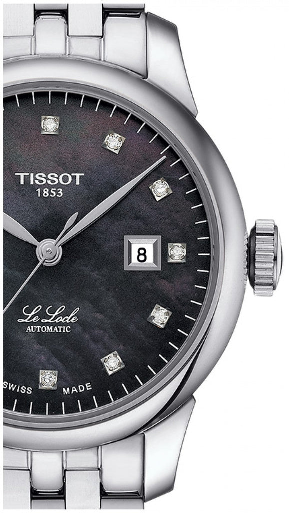 Tissot Le Locle Automatic Diamonds Mother of Pearl Black Dial Silver Steel Strap Watch For Women - T006.207.11.126.00