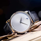 Movado Museum Quartz Silver Dial Black Leather Strap Watch For Men - 2100001