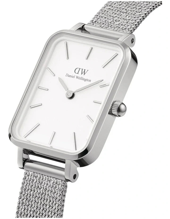 Daniel Wellington Quadro Sterling White Dial Silver Mesh Strap Watch For Women - DW00100438