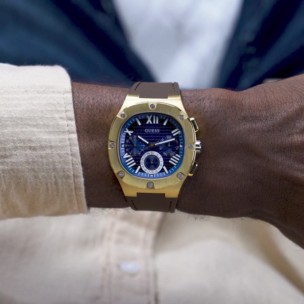 Guess Headline Chronograph Blue Dial Brown Silicone Strap Watch For Men - GW0571G5