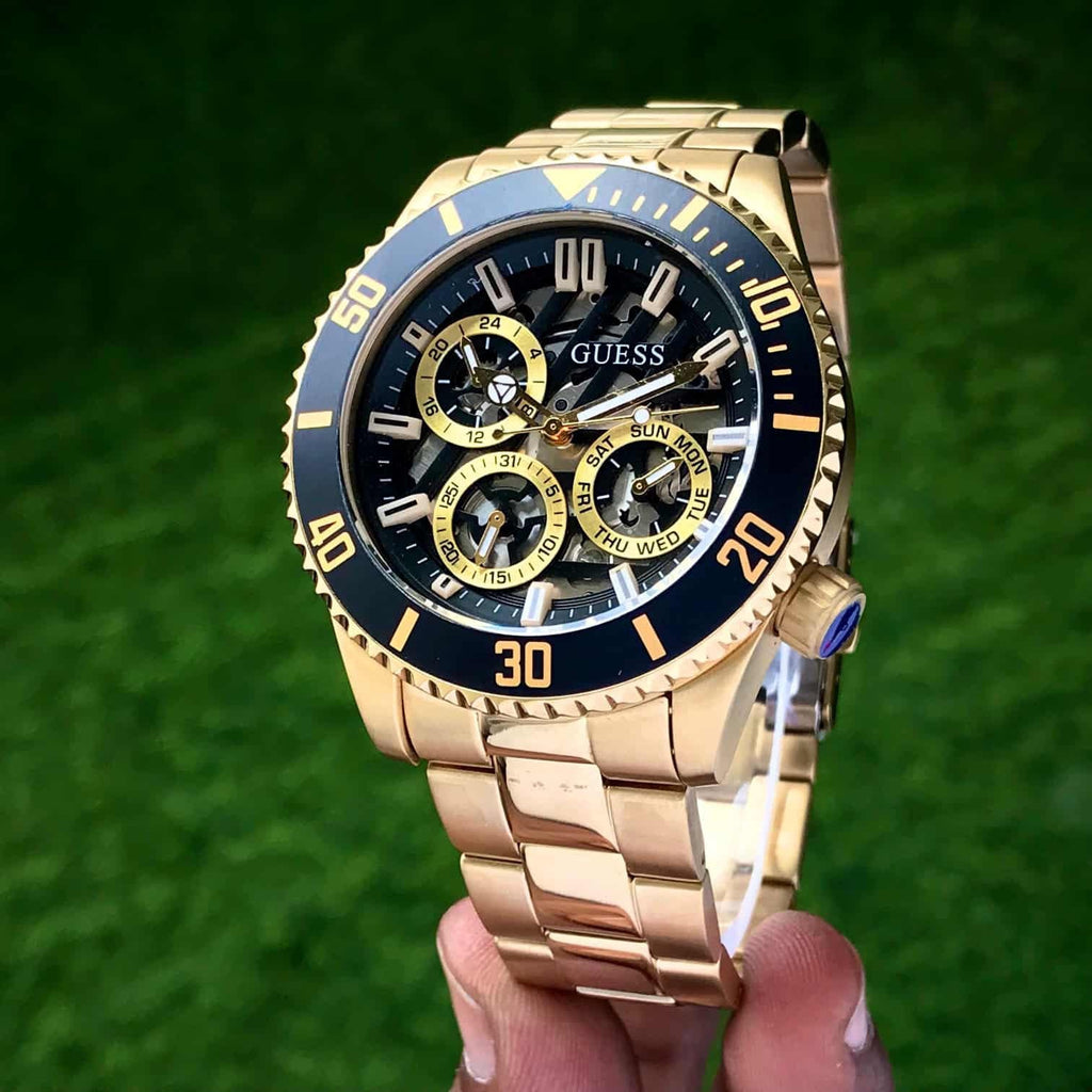Guess Axle Multifunction Black Dial Gold Steel Strap Watch For Men - GW0488G2
