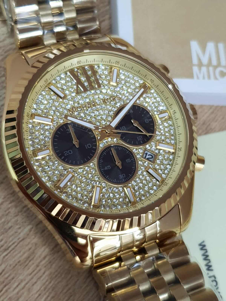 Michael Kors Lexington Crystals Gold Dial Gold Steel Strap Watch for Men - MK8494