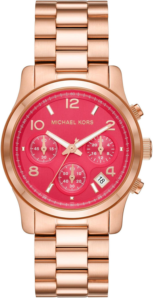 Michael Kors Runway Chronograph Pink Dial Rose Gold Steel Strap Watch For Women - MK7352