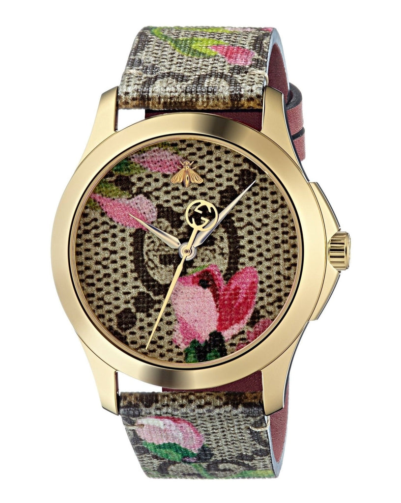 Gucci G Timeless Floral Brown Dial Brown Leather Strap Watch For Women - YA1264038