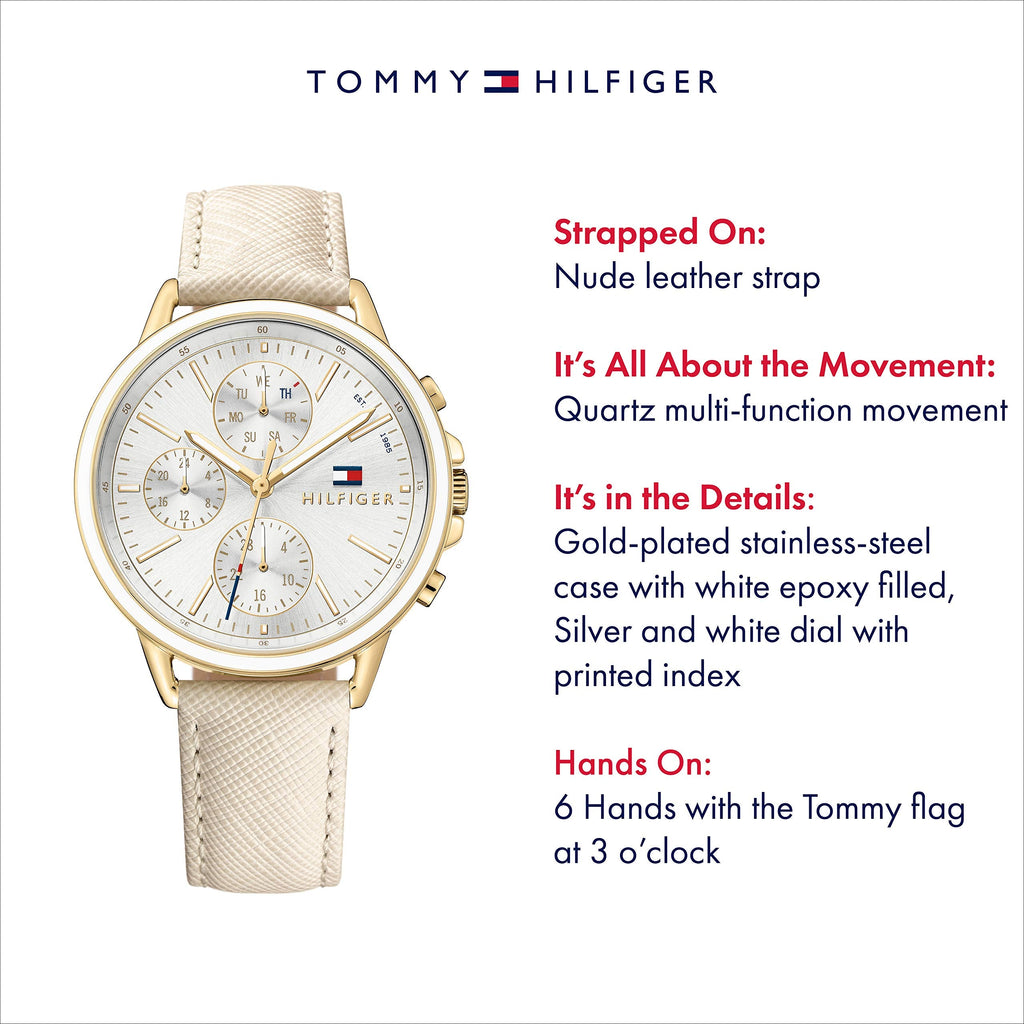 Tommy Hilfiger Carly Silver Dial Cream Leather Strap Watch for Women - 1781790