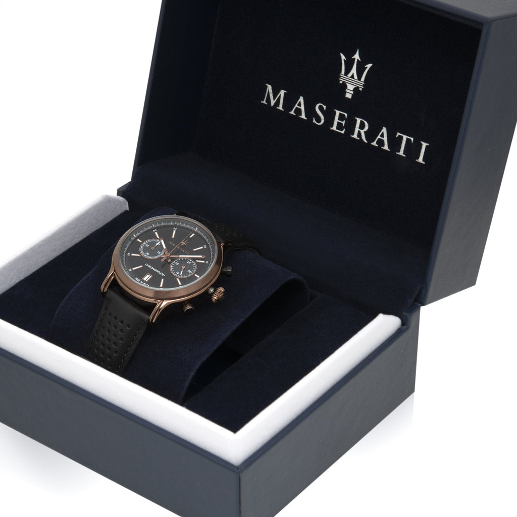 Maserati Legend Chronograph Black Dial Black Leather Strap Watch For Men - R8871638001