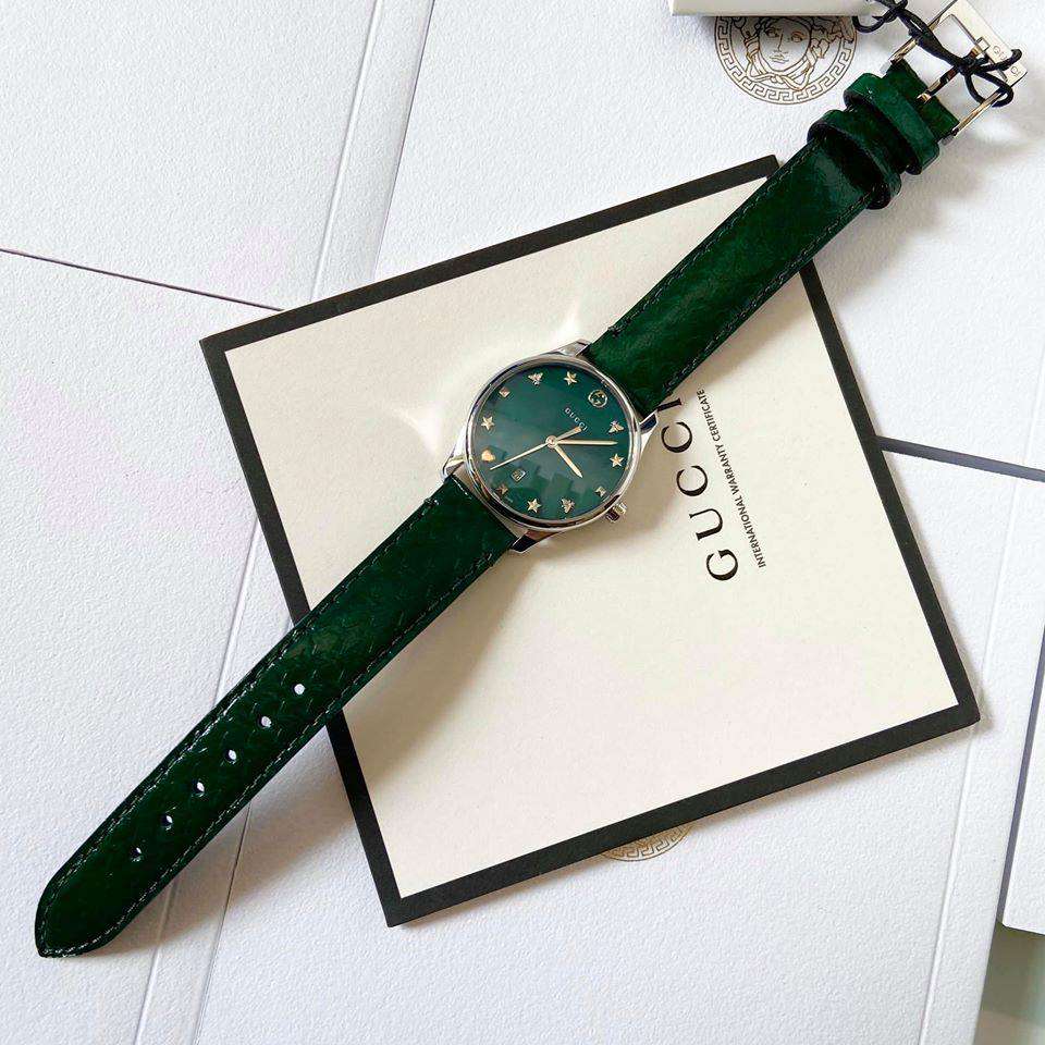 Gucci G-Timeless Green Mother of Pearl Dial Green Leather Strap Watch For Women - YA126585