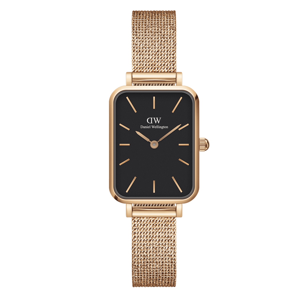 Daniel Wellington Quadro Melrose Black Dial Rose Gold Mesh Bracelet Watch For Women - DW00100432