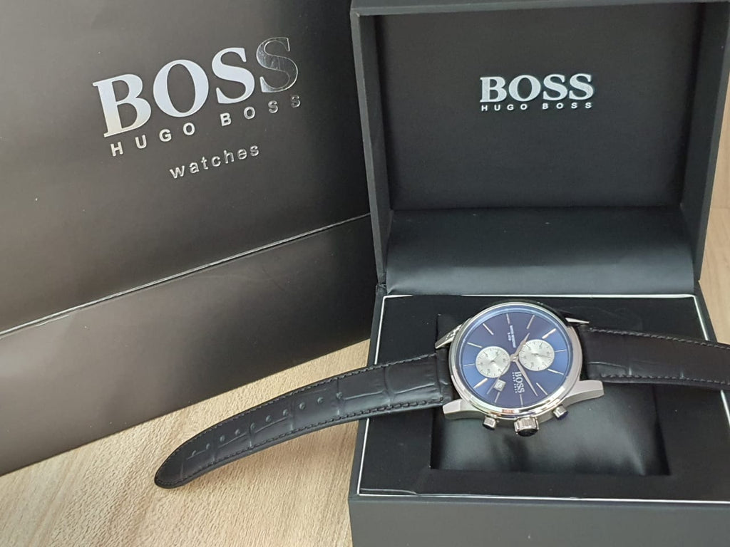 Hugo Boss Jet Blue Dial Black Leather Strap Watch for Men - 1513283