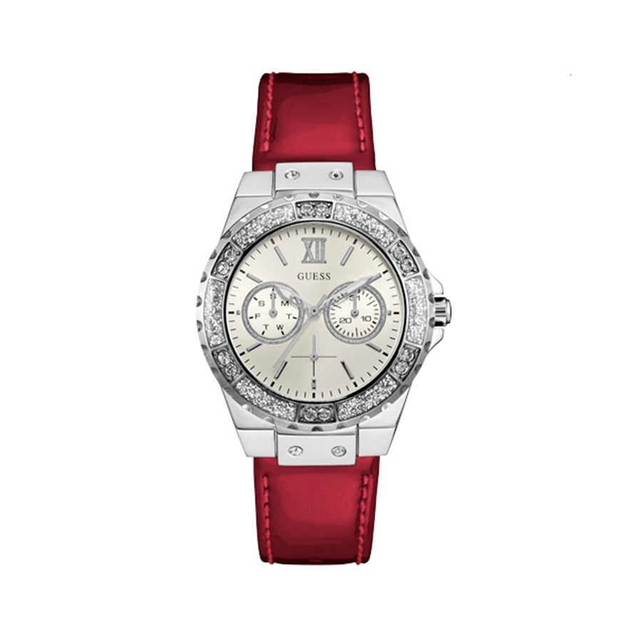 Guess Limelight Quartz Diamonds White Dial Red Leather Strap Watch For Women - W0775L11