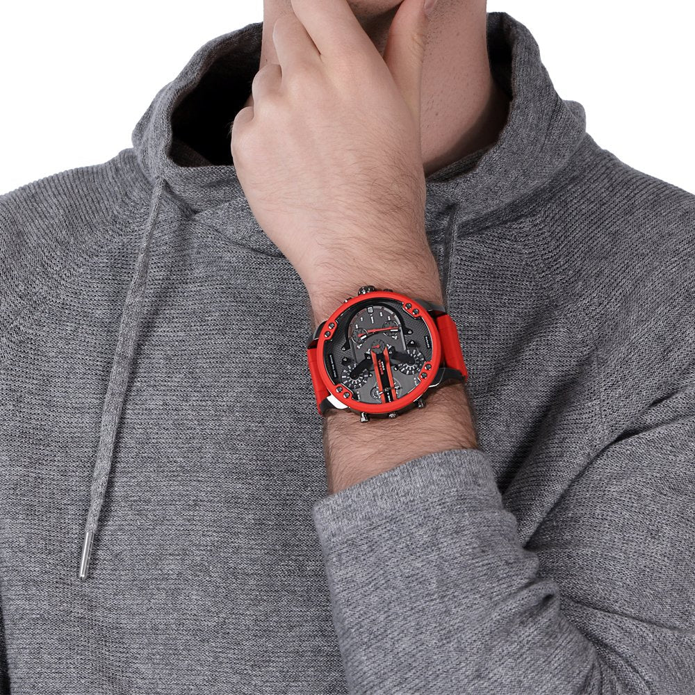 Diesel Mr Daddy 2.0 Chronograph Black Dial Red Silicone Strap Watch For Men - DZ7370