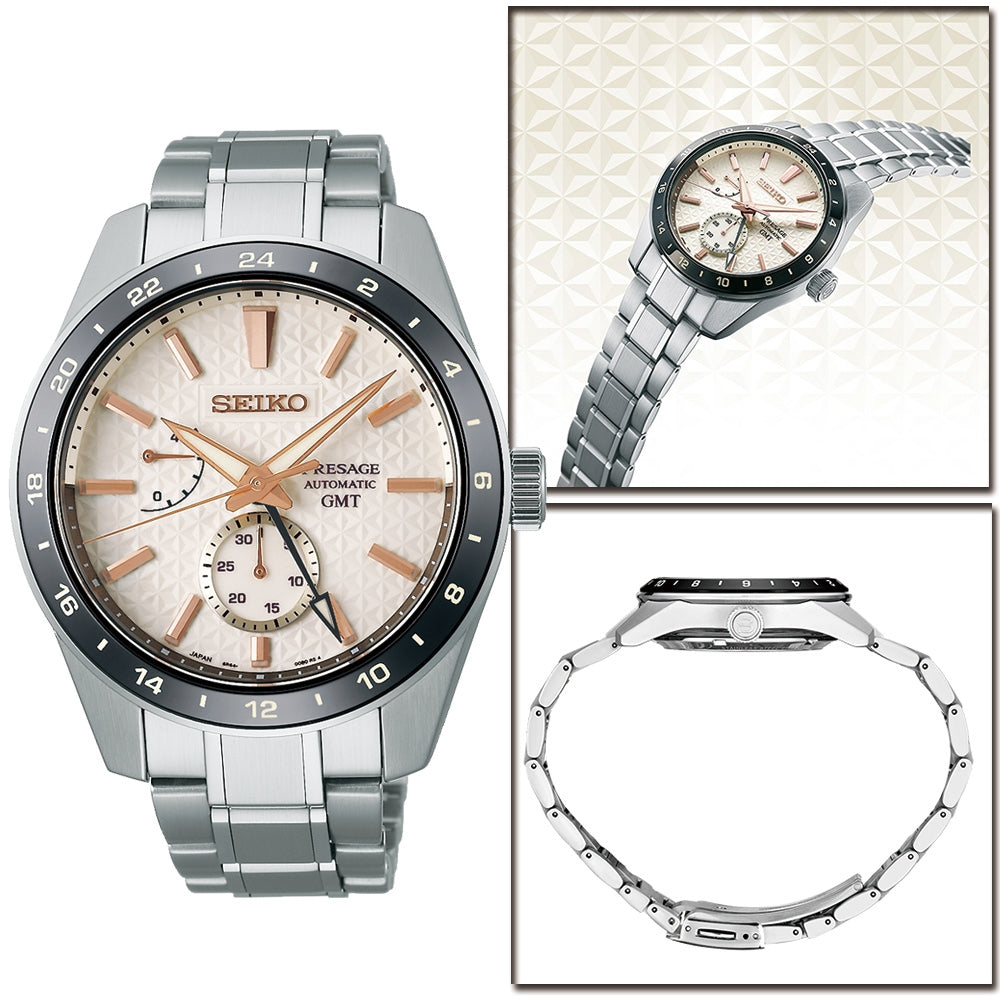 Seiko Presage Sharp Edged Series Automatic GMT Champagne Dial Silver Steel Strap Watch For Men - SPB273J1