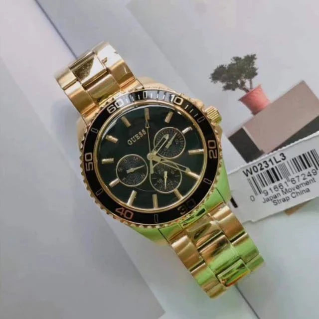 Guess BFF Multifunction Black Dial Gold Steel Strap Watch for Women - W0231L3