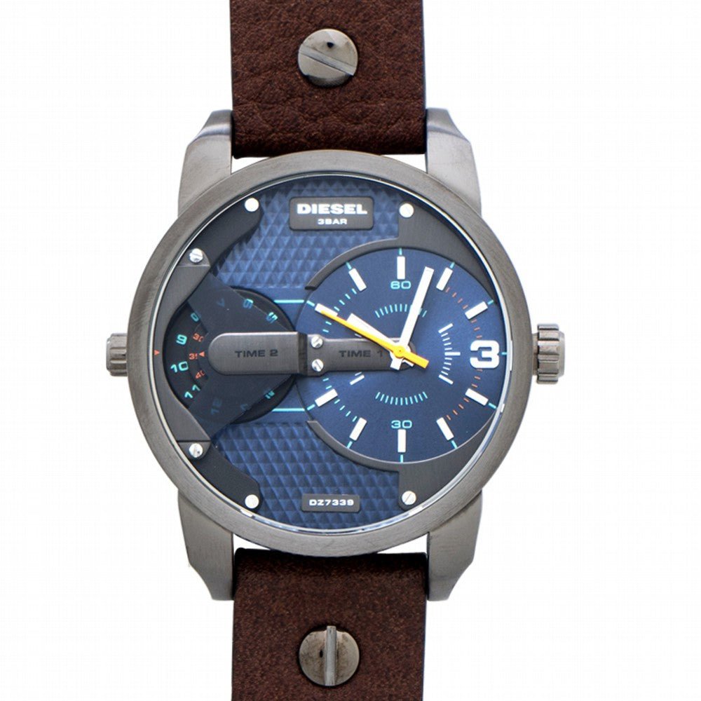 Diesel Mini Daddy Analog Blue Dial Brown Leather Strap Watch For Men - DZ7339