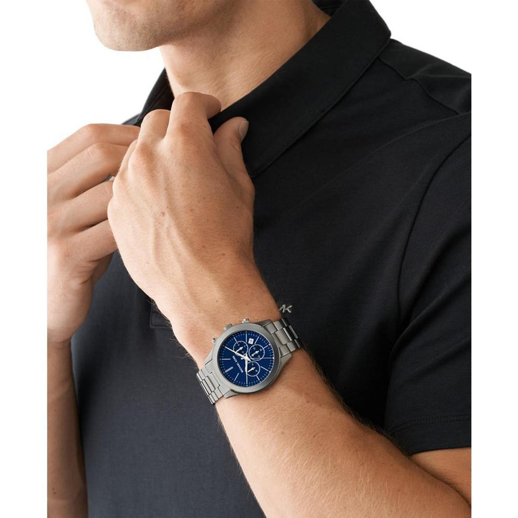 Michael Kors Slim Runway Chronograph Blue Dial Grey Steel Strap Watch For Men - MK8987