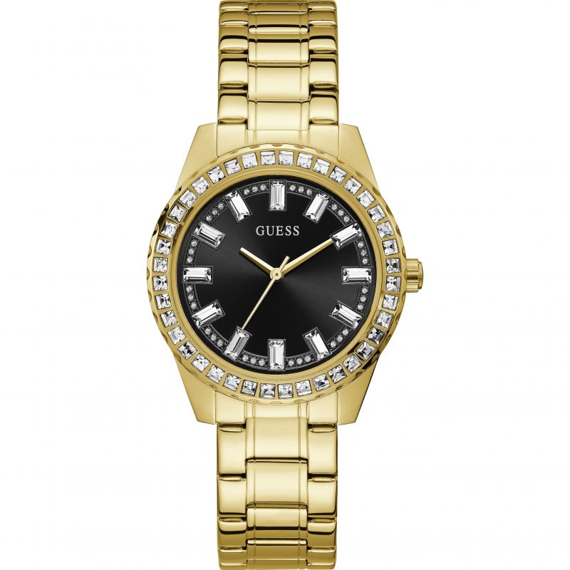 Guess Sparkler Diamonds Black Dial Gold Steel Strap Watch for Women - GW0111L2
