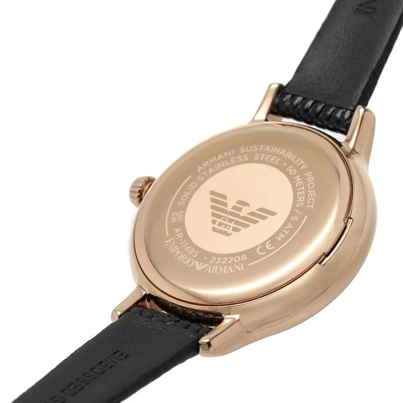 Emporio Armani Cleo Three-Hand Mother of Pearl Dial Black Leather Strap Watch For Women - AR11485