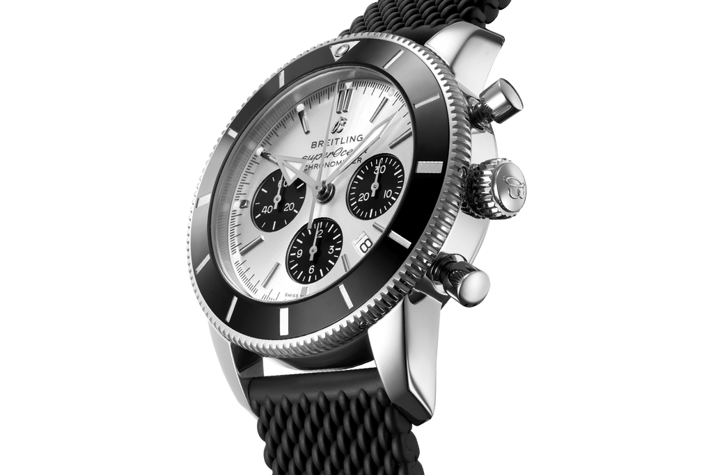 Breitling Superocean Heritage B01 Chronograph 44 Silver Dial Black Mesh Bracelet Watch for Men - AB0162121G1S1