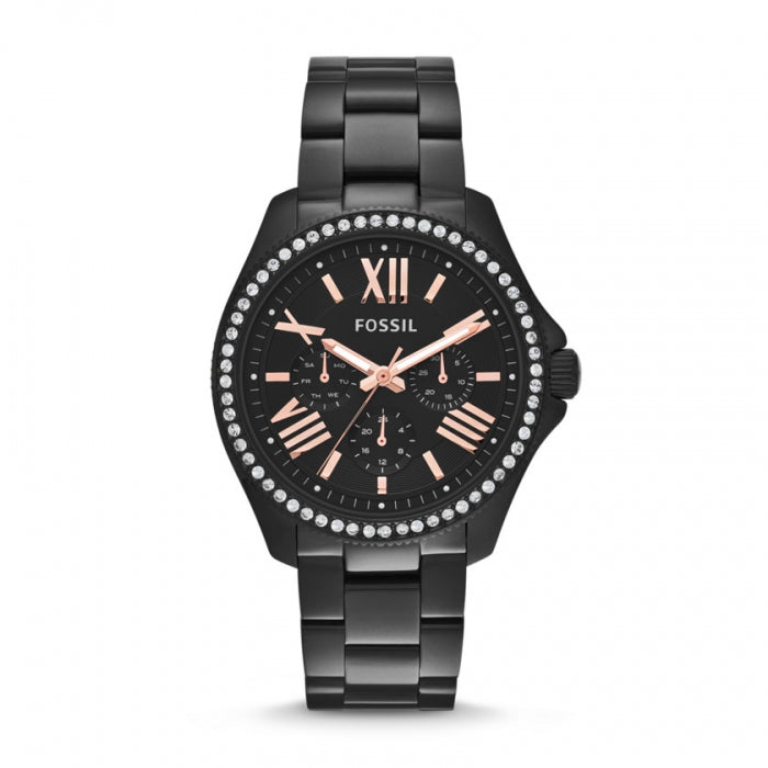Fossil Cecile Multi Function Crystals Black Dial Black Steel Strap Watch for Women - AM4522