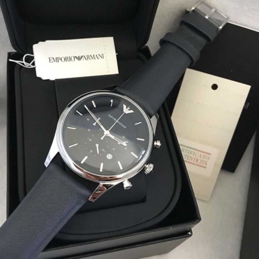 Emporio Armani Lambda Chronograph Blue Dial Blue Leather Strap Watch For Men - AR11018