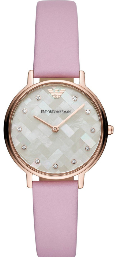 Emporio Armani Kappa Mother Of Pearl White Dial Pink Leather Strap Watch For Women - AR11130