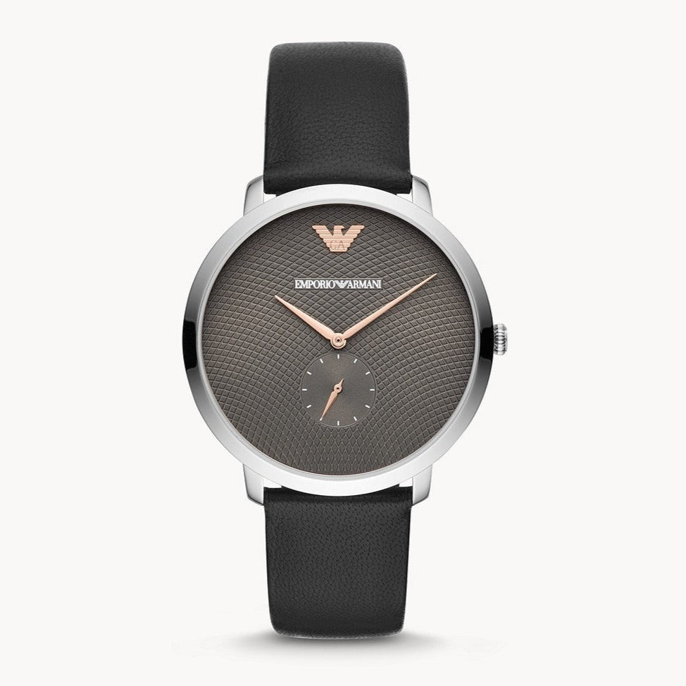 Emporio Armani Modern Slim Quartz Grey Dial Black Leather Strap Watch For Men - AR11162