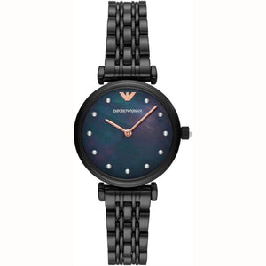 Emporio Armani Gianni T-Bar Quartz Black Mother of Pearl Dial Black Steel Strap Watch For Women - AR11268