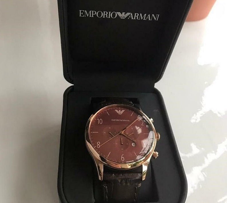Emporio Armani Classic Chronograph Burgundy Dial Brown Leather Strap Watch For Men - AR1890