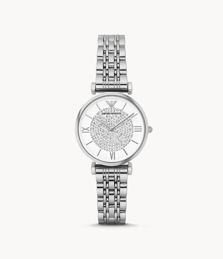 Emporio Armani Gianni T Bar White Crystal Pave Dial Silver Stainless Steel Strap Watch For Women - AR1925