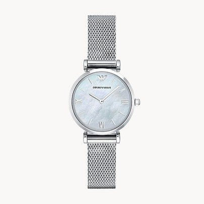 Emporio Armani Gianni T Bar Mother of Pearl Dial Silver Steel Strap Watch For Women - AR1955