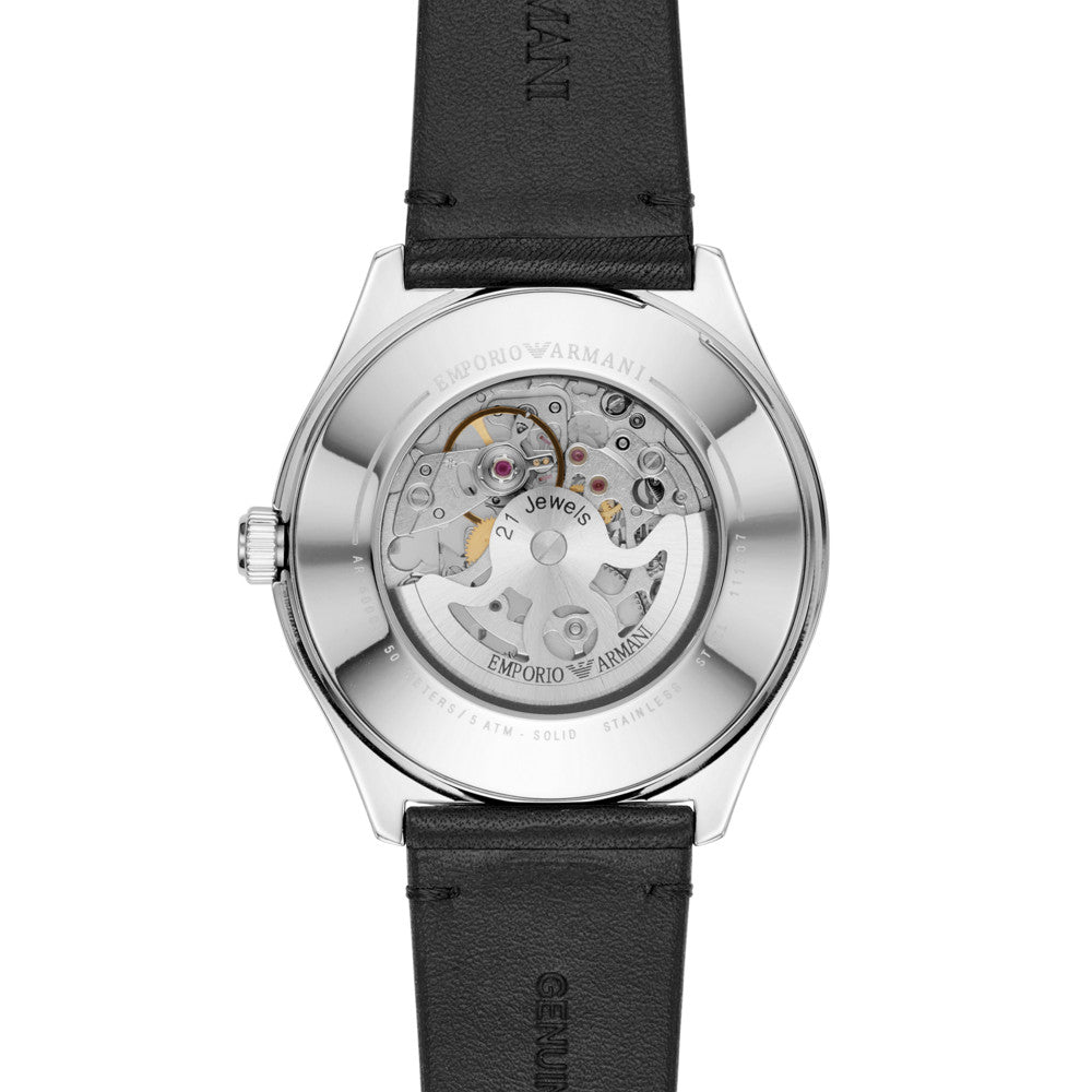 Emporio Armani Meccanico White Skeleton Dial Black Leather Strap Watch For Men - AR60003