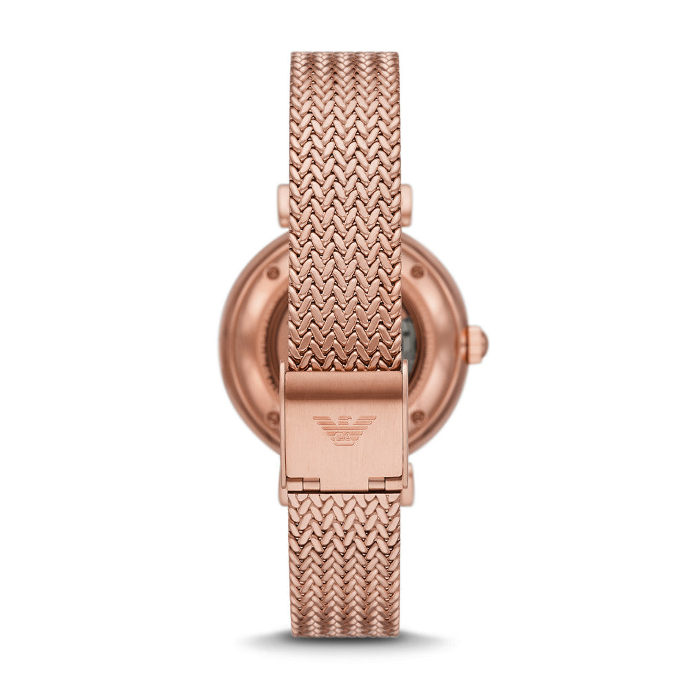 Emporio Armani Meccanico Automatic White Dial Rose Gold Mesh Strap Watch For Women - AR60063