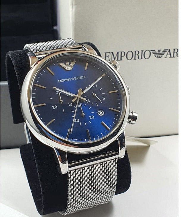 Emporio Armani Luigi Chronograph Blue Dial Silver Mesh Bracelet Watch For Men - AR80038
