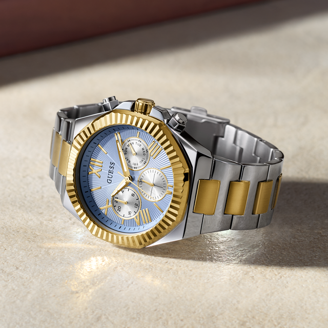 Guess Equity Analog Blue Dial Two Tone Steel Strap Watch For Men - GW0703G3