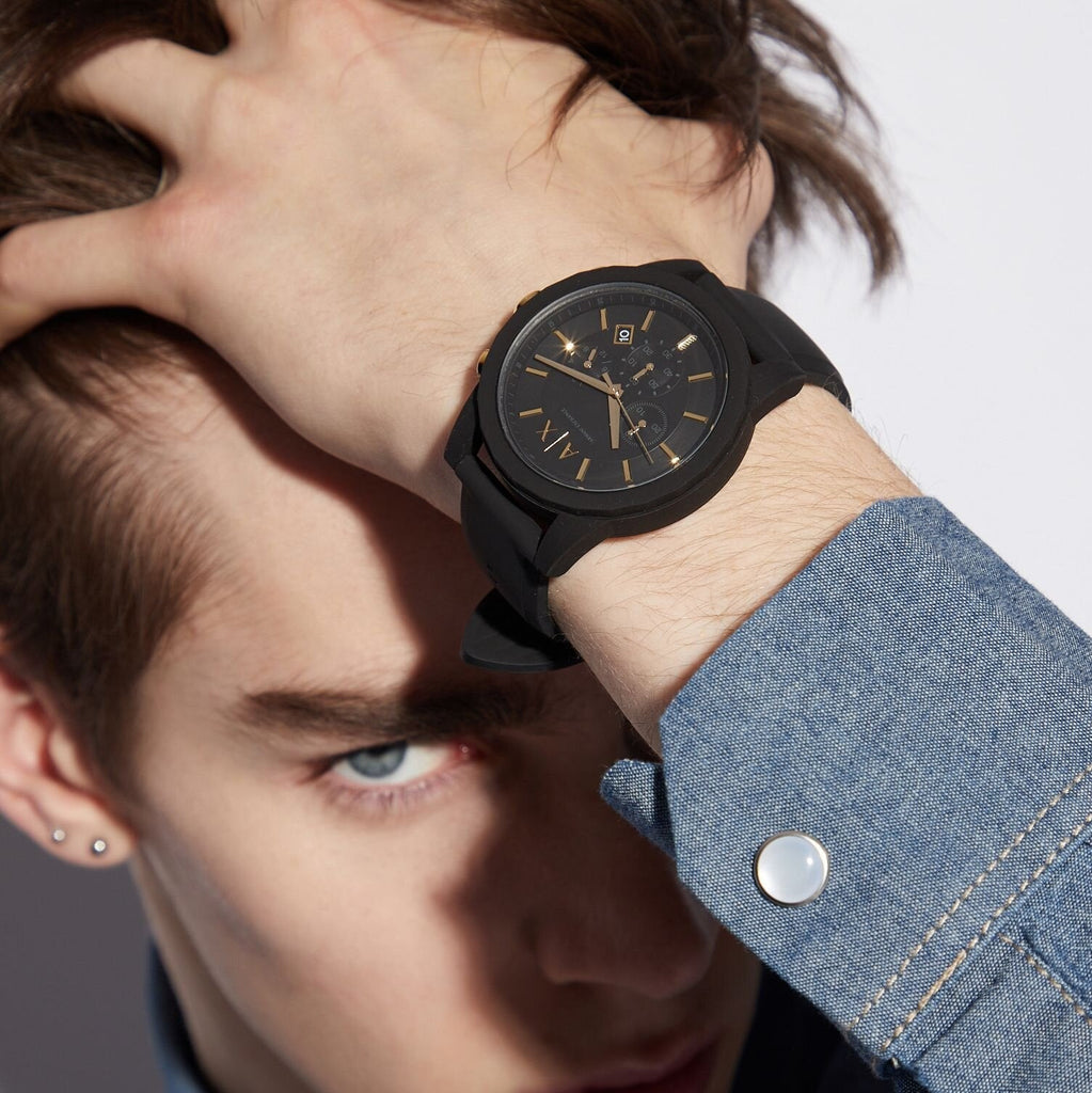 Armani Exchange Outerbanks Chronograph Black Dial Black Steel Strap Watch For Men - AX7105