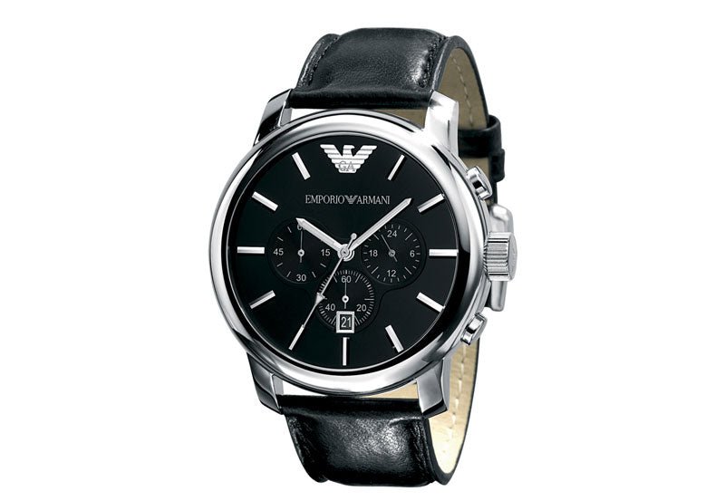 Emporio Armani Classic Chronograph Black Dial Black Leather Strap Watch For Men - AR0431