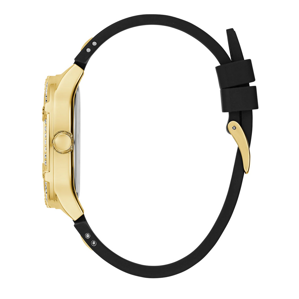 Guess Duchess Crystals Gold Dial Black Silicon Strap Watch For Women - GW0619L2
