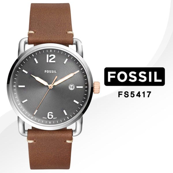 Fossil Commuter Grey Dial Brown Leather Strap Watch for Men - FS5417
