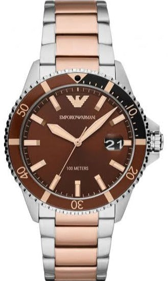 Emporio Armani Diver Quartz Brown Dial Two Tone Steel Strap Watch For Men - AR11340